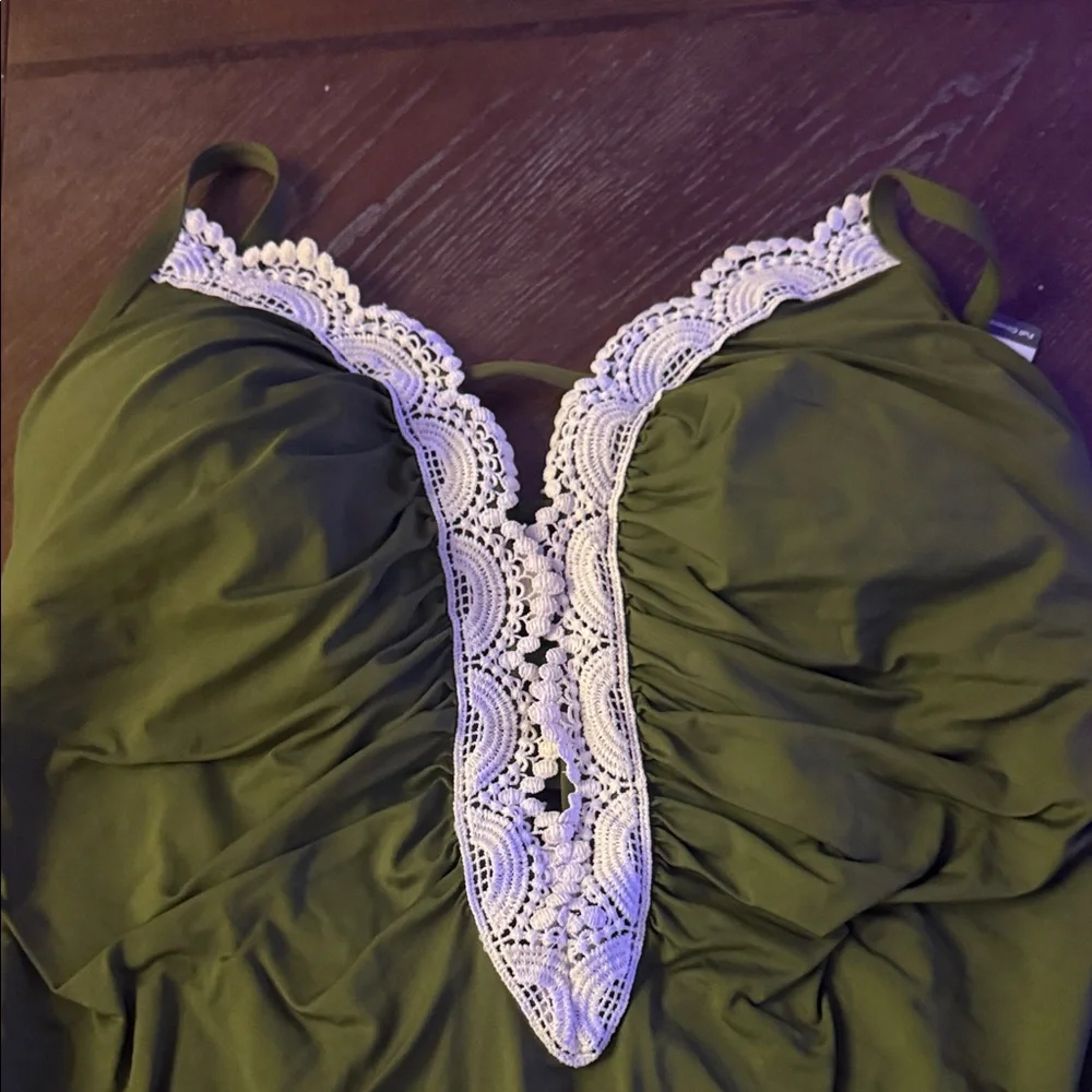 NWT size XL Olive Green One Piece Swimsuit with Lace Trim - Picture 4 of 5